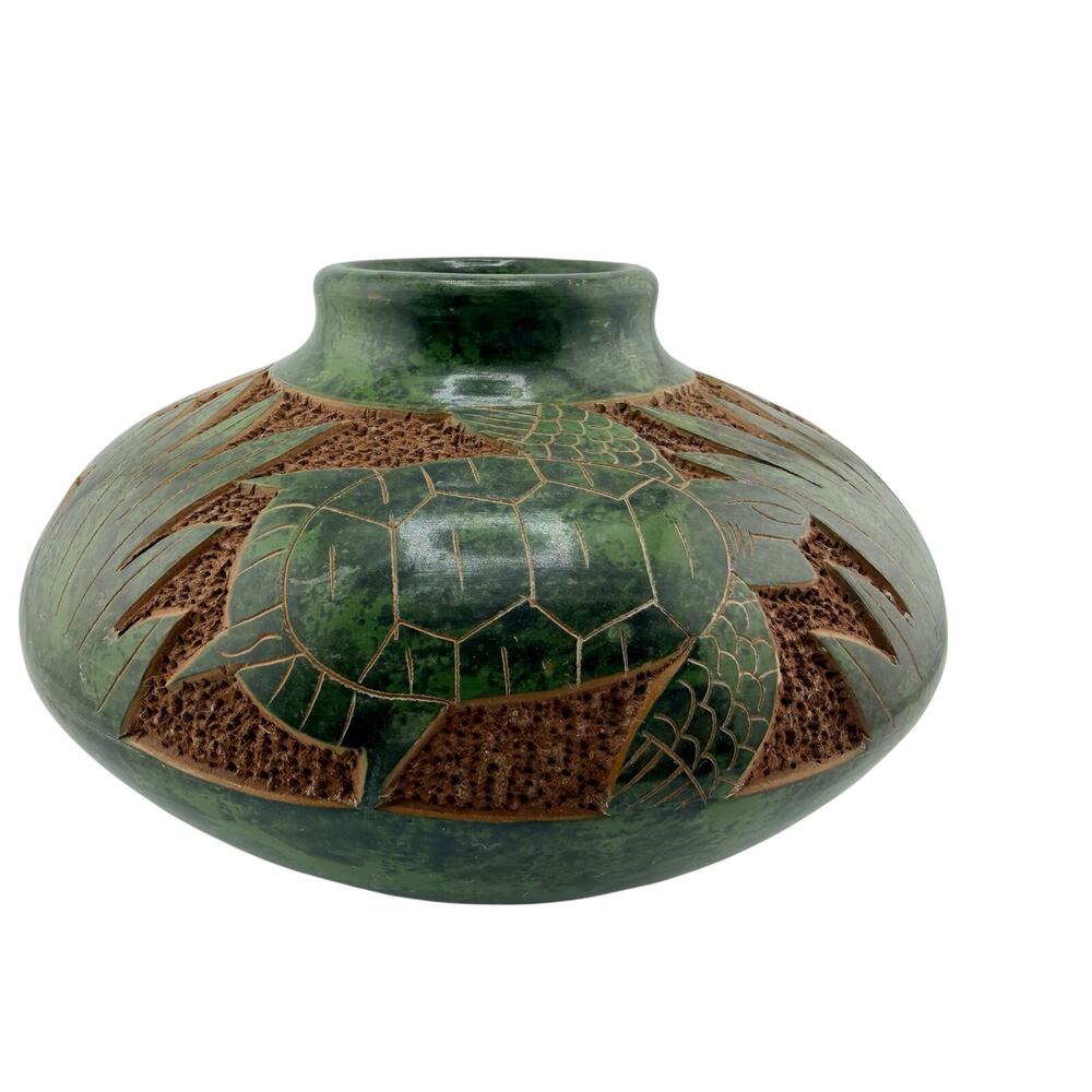 Carved Pottery Vase Green Sea Turtle Sgraffito Studio Art Ceramic Vessel Vintage
